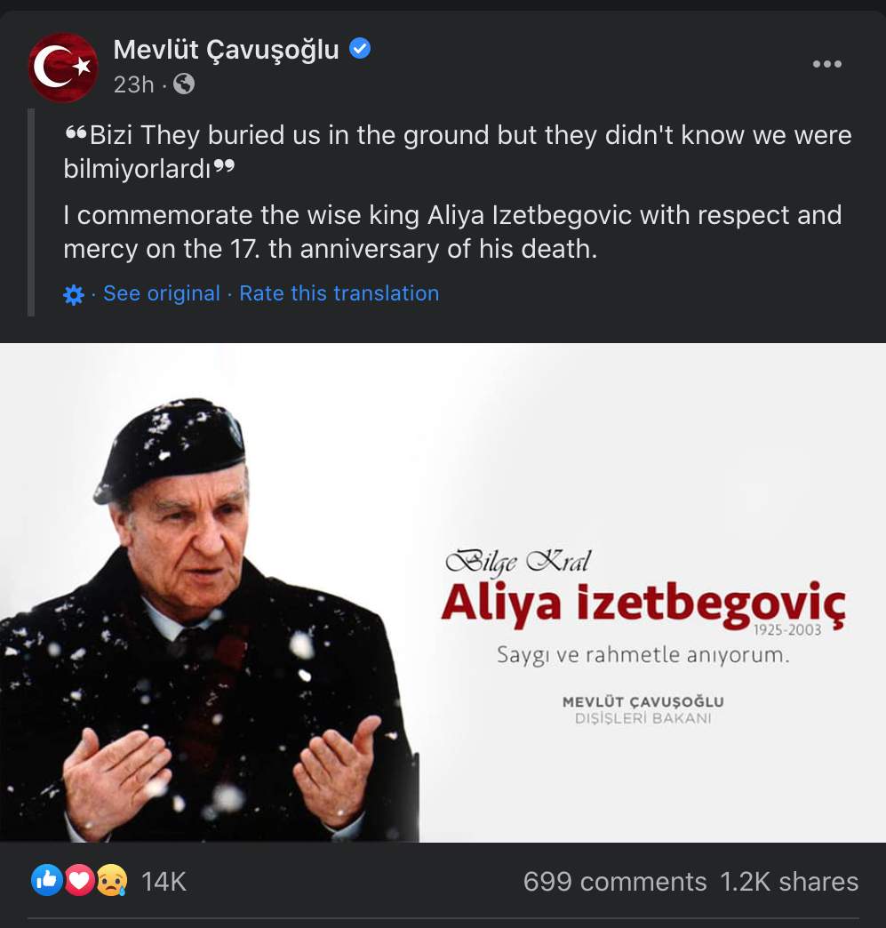 Screenshot 2020-10-20 Cavusoglu o Aliji Izetbegoviću - Erdogan odao počast Aliji Izetbegoviću: Život je igra koju niko ne može dobiti osim onih koji vjeruju i čine dobra djela